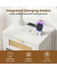 Sugift Rattan Nightstand with Charging Station Storage Drawer and Open Compartment