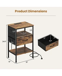 Sugift Nightstand with Charging Station 24.5 Inch Bedside Table Featuring Fabric Drawer and Side Pocket