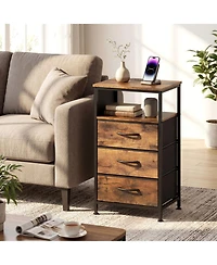 Sugift 27.5 Inch Nightstand with Charging Station 3 Fabric Drawers and Open Compartment Bedside Tower