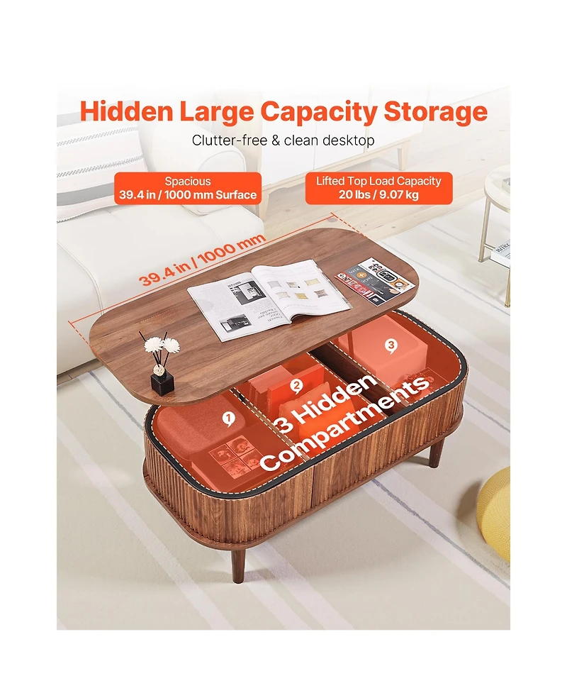 Sugift 39.4 Inch Fluted Oval Lift Top Coffee Table with 3 Hidden Storage Compartments