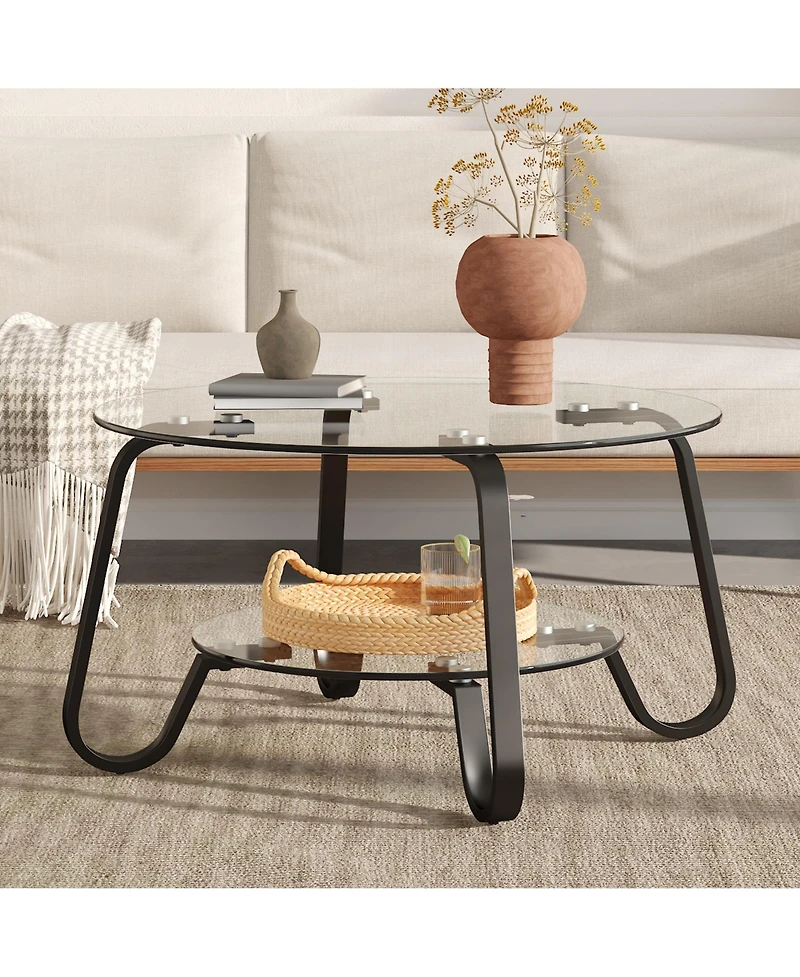 Flynama 31.5 Inch Retro Double-Layer Tempered Glass Coffee Table, Metal Frame Compact Accent Table for Home Office