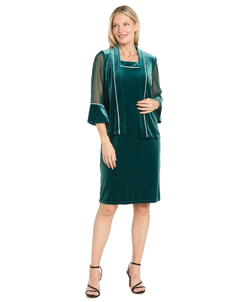 R & M Richards Women's Rhinestone Scoop Neck Velvet Jacket and Dress, 2-Piece Set