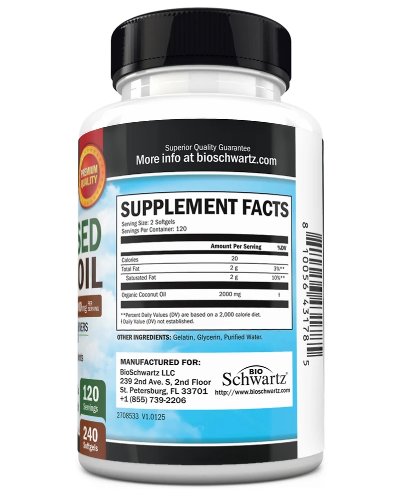 BioSchwartz Coconut Oil Capsules 2000mg, Extra Virgin Unrefined Cold Pressed, Mct Rich, for Healthy Skin, Nails, Hair Growth, Digestion, 240 Count