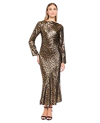 Donna Morgan Women's Animal-Print Long-Sleeve Boat-Neck Midi Dress
