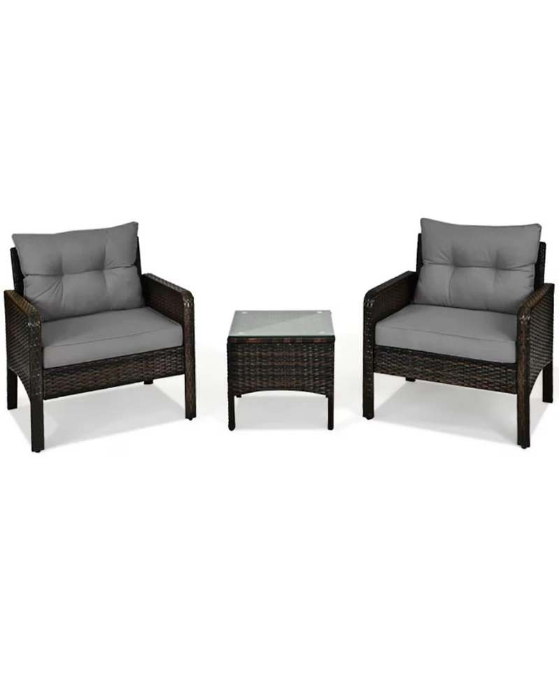 Yiortwo 3-Piece Patio Pe Wicker Furniture Set with Cushions and Glass Table