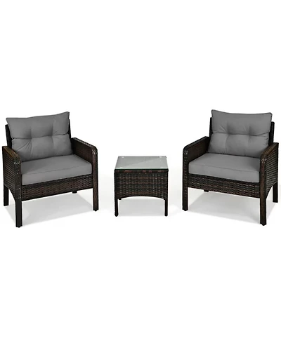 Yiortwo 3-Piece Patio Pe Wicker Furniture Set with Cushions and Glass Table