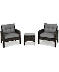 Yiortwo 3-Piece Patio Pe Wicker Furniture Set with Cushions and Glass Table