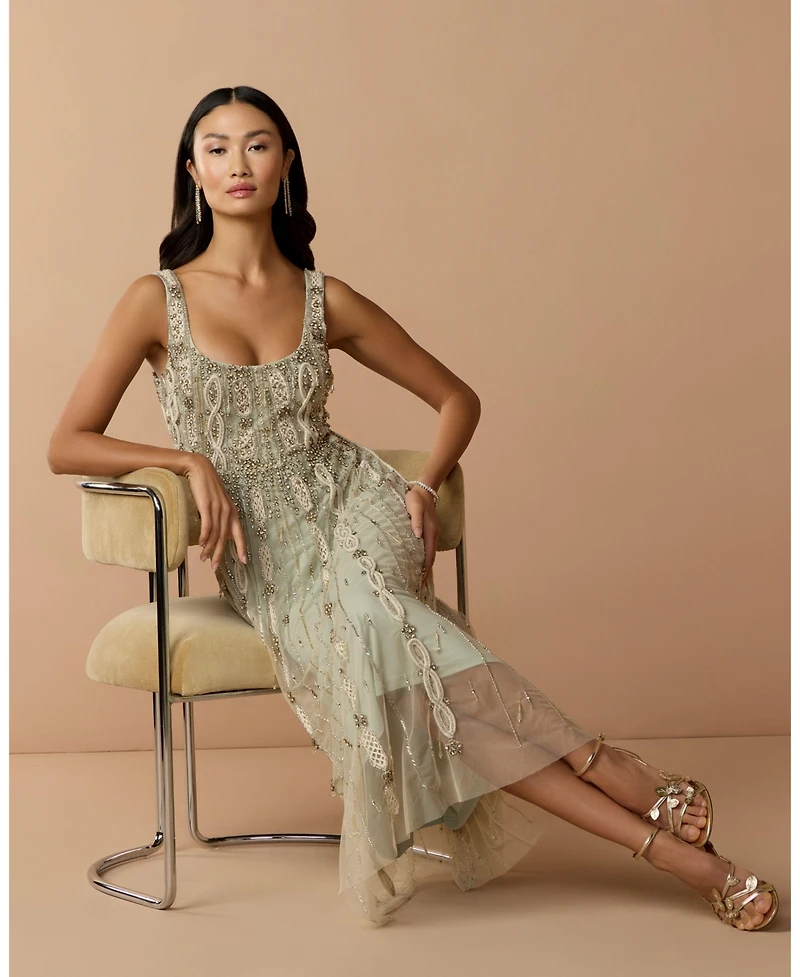 Mac Duggal Petite Embellished Scoop Neck Mesh Midi Dress