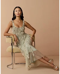 Mac Duggal Petite Embellished Scoop Neck Mesh Midi Dress