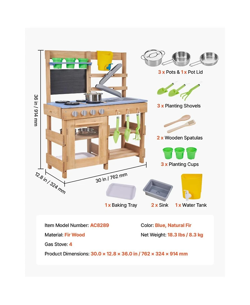 Yobtop Mud Kitchen Wooden Outdoor Playset with 4 Stoves & 2 Sinks, Ages 3+