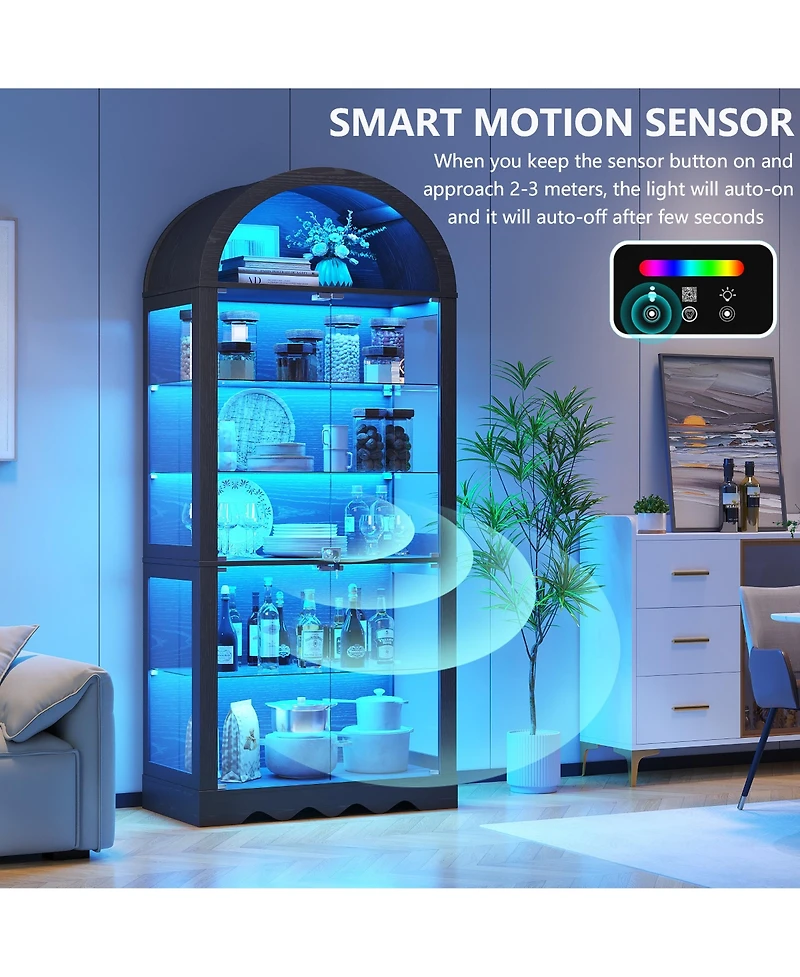 Vlsrka 6-Tier Glass Display Cabinet With Rgb Sensor Lights And Lock