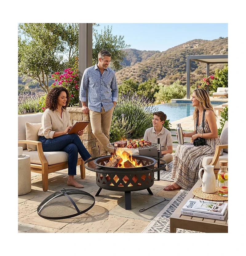Aoxun 30in Outdoor Fire Pit With Grill, Steel Fire Bowl for Bbq Camping Picnic, Garden Patio Heater Charcoal Log Wood Burner