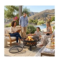 Aoxun 30in Outdoor Fire Pit With Grill, Steel Fire Bowl for Bbq Camping Picnic, Garden Patio Heater Charcoal Log Wood Burner