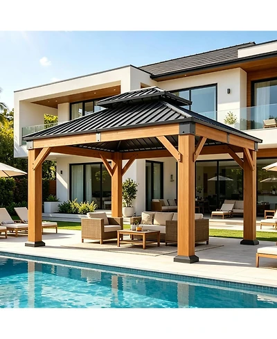 Aoxun 10'x12' Cedar Wood Hardtop Gazebo, Outdoor Pavilion with Galvanized Steel Double Roof for Patio Garden