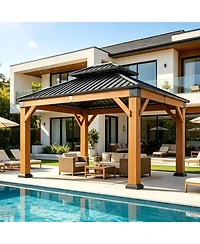 Aoxun 10'x12' Cedar Wood Hardtop Gazebo, Outdoor Pavilion with Galvanized Steel Double Roof for Patio Garden