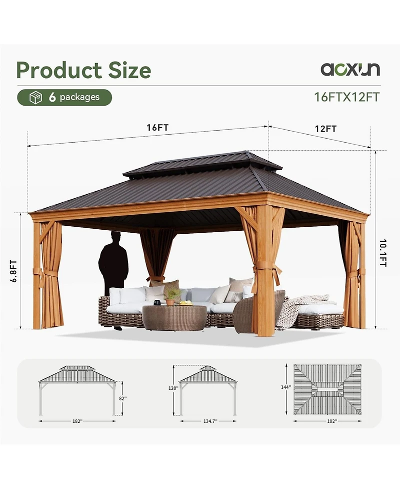 Aoxun 12'x16' Hardtop Gazebo, Wooden Finish Aluminum Pavilion with Double Steel Roof, Curtains and Netting