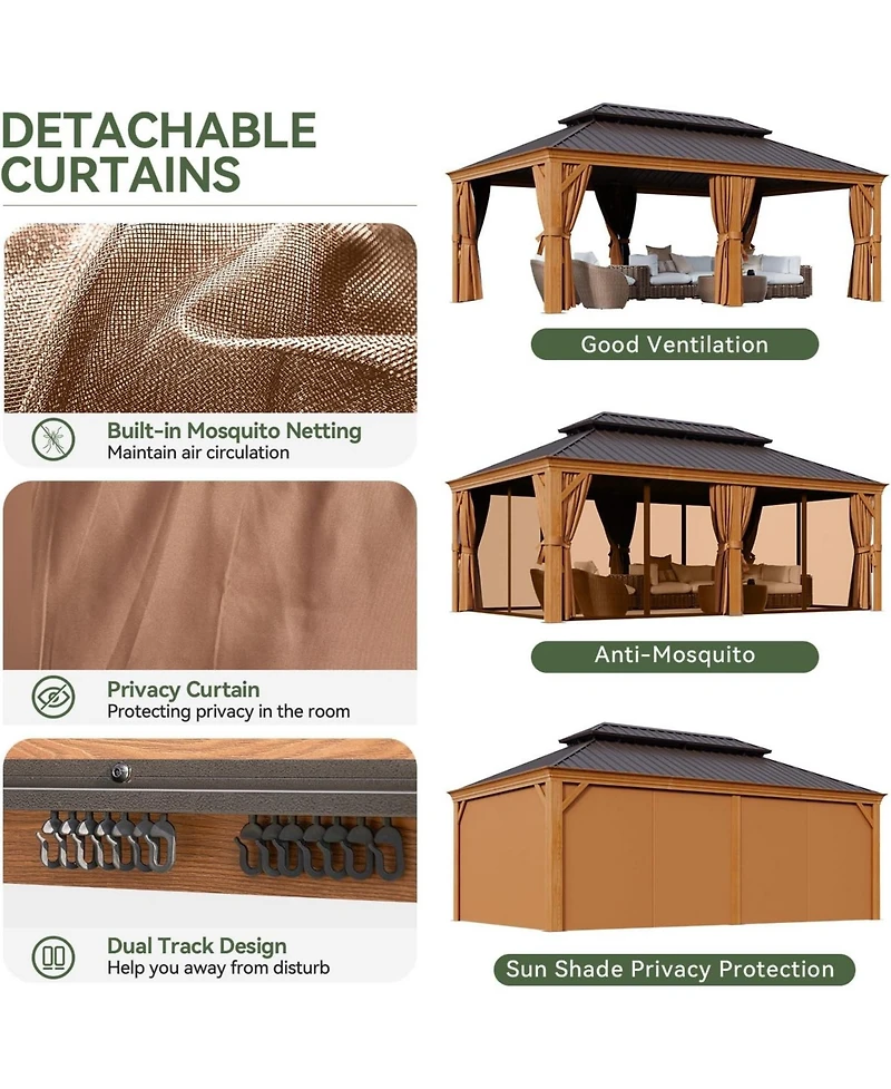 Aoxun 12'x20' Hardtop Aluminum Gazebo, Galvanized Steel Double Roof Pavilion with Drainage System and Netting