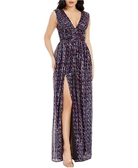 Dress The Population Women's Jaclyn Sleeveless V-Neck Multicolor Sequin High Slit A-Line Gown