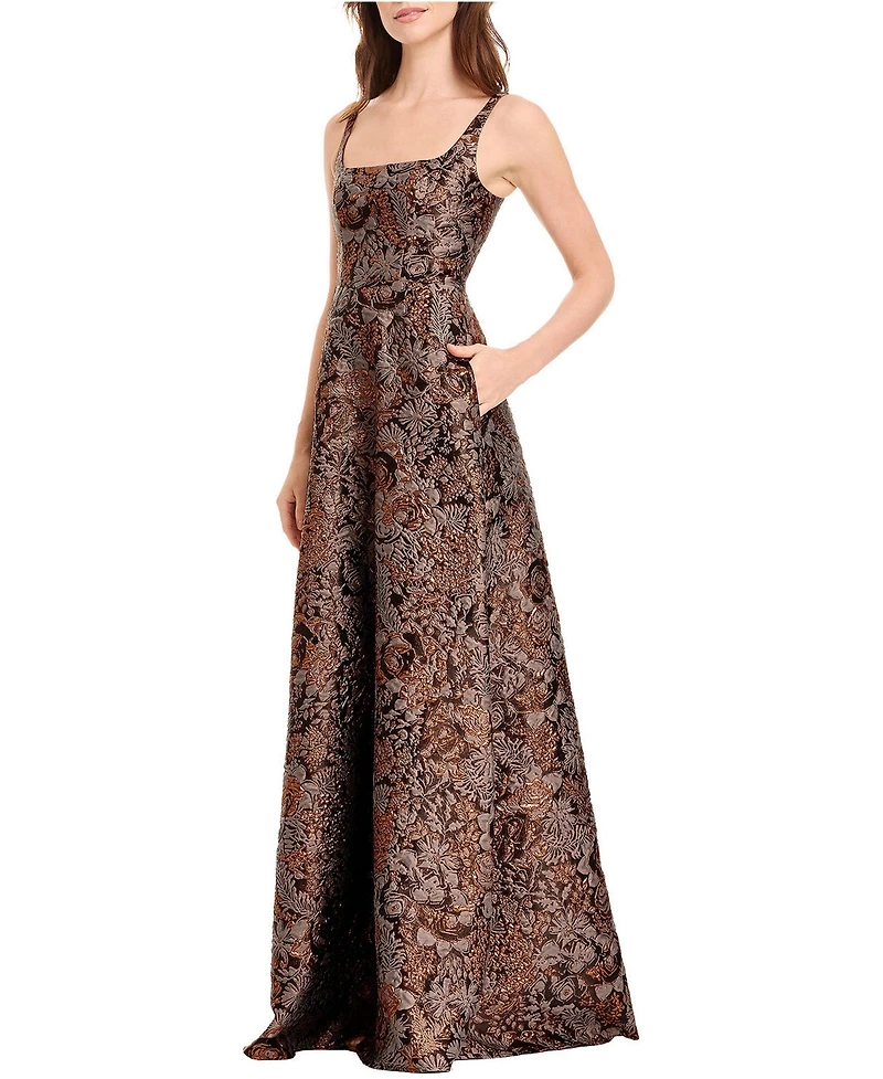 Dress The Population Women's Vienna Square Neck Metallic Jacquard Ball Gown