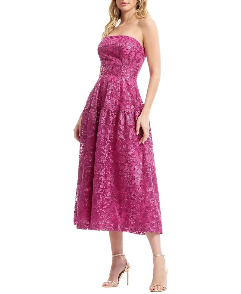 Dress The Population Women's Gemma Strapless Floral Lace Tiered Midi Dress