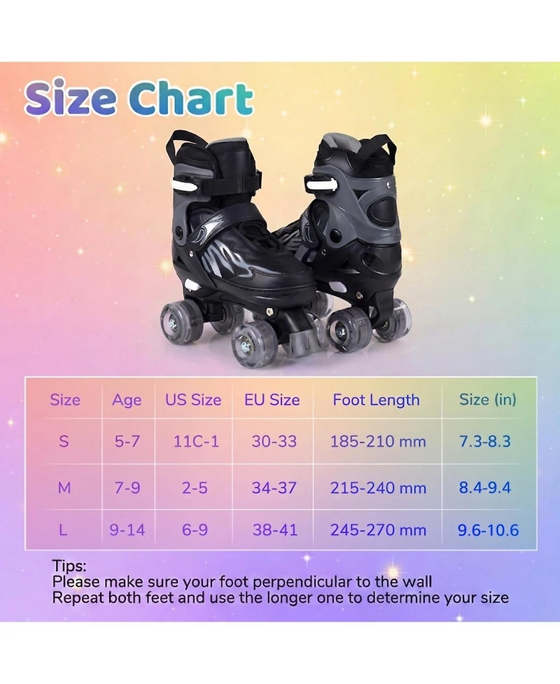 Sugift Kids Quad Roller Skates One-Button Adjustable Across 4 Sizes with Glow Wheels Ages 7-9