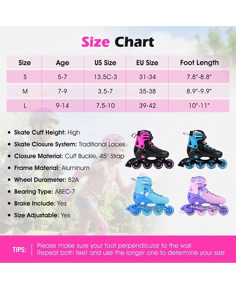 Sugift Inline Skates for Kids and Teens with Push-Button Sizing and Triple Protection Ages 9-14