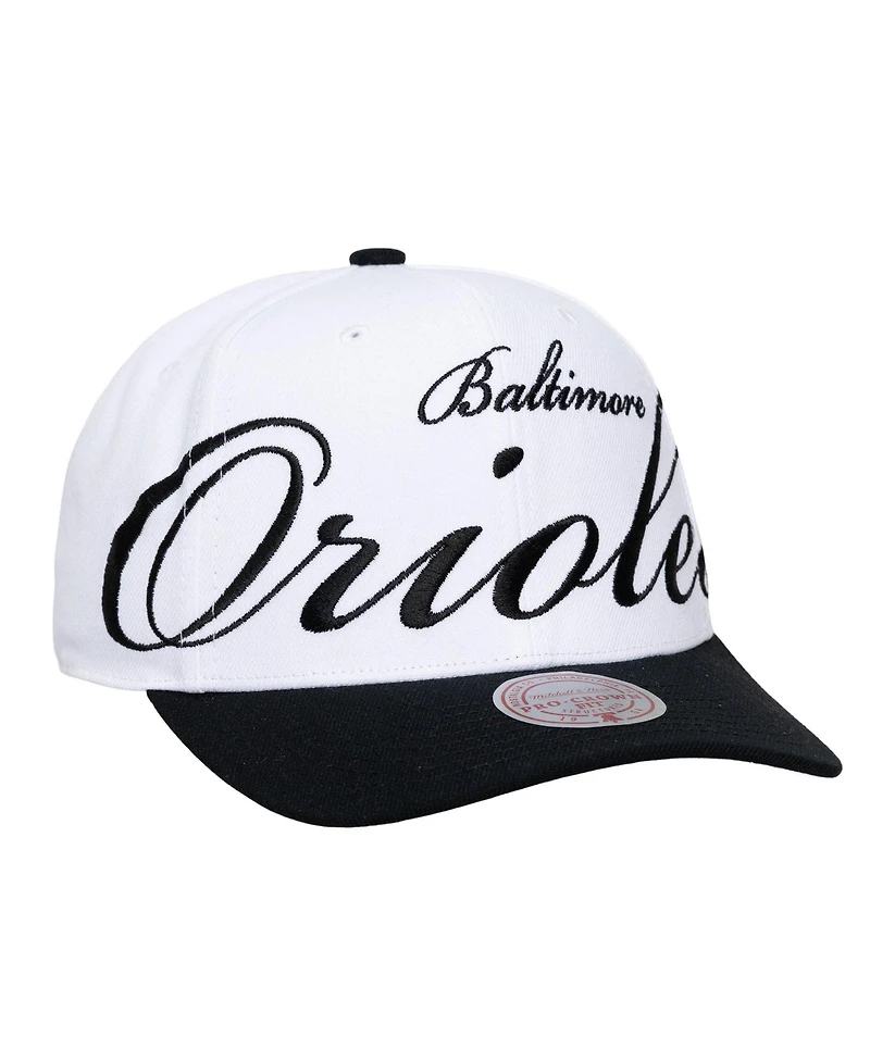 Mitchell & Ness Men's and Women's White/Black Baltimore Orioles Xl Script Pro Crown Adjustable Hat