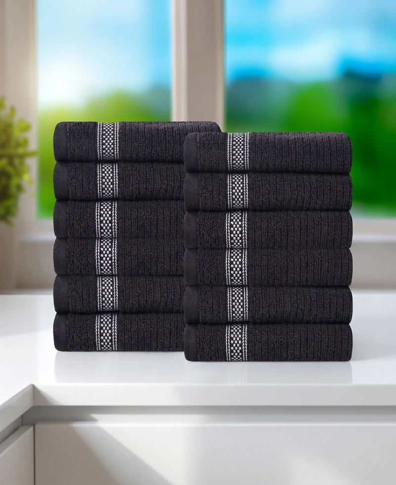 Superior Brea Zero Twist Cotton Ribbed Geometric Border Plush Soft Absorbent 12-Piece Washcloth Set