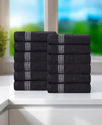 Superior Brea Zero Twist Cotton Ribbed Geometric Border Plush Soft Absorbent 12-Piece Washcloth Set