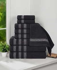 Superior Brea Zero Twist Cotton Ribbed Geometric Border Plush Soft Absorbent -Piece Towel Set