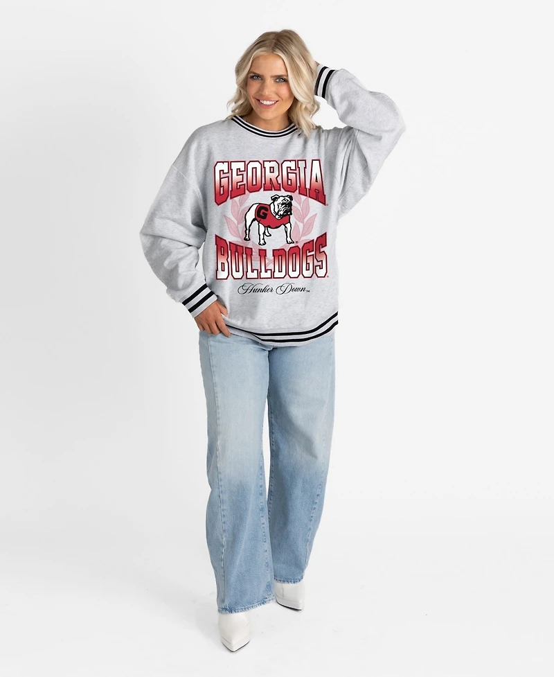 Gameday Couture Women's Ash Georgia Bulldogs Oversized Fade Route Ringer Stripe Sweatshirt