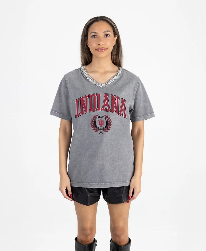 Gameday Couture Women's Gray Indiana Hoosiers Iconic Edge Rhinestone V-Neck T-Shirt