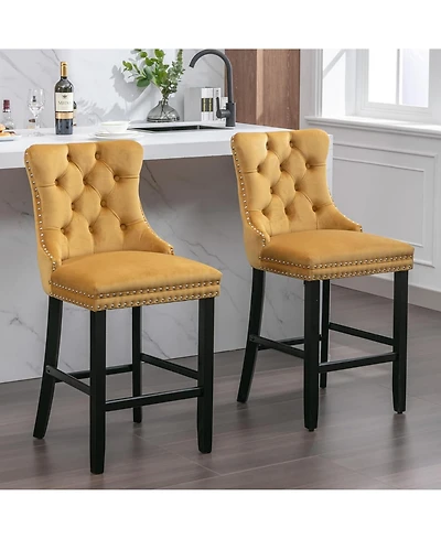Rainsken Velvet Upholstered Bar Stools Set of 2 - Button Tufted Decoration, Nailhead Trim and Wooden Legs, Counter Height Chairs for Home Pub