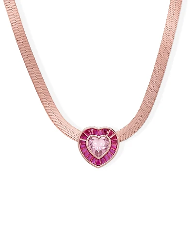 Macy's Simulated Pink Sapphire and Pink Cubic Zirconia Heart on Herringbone 18'' Necklace