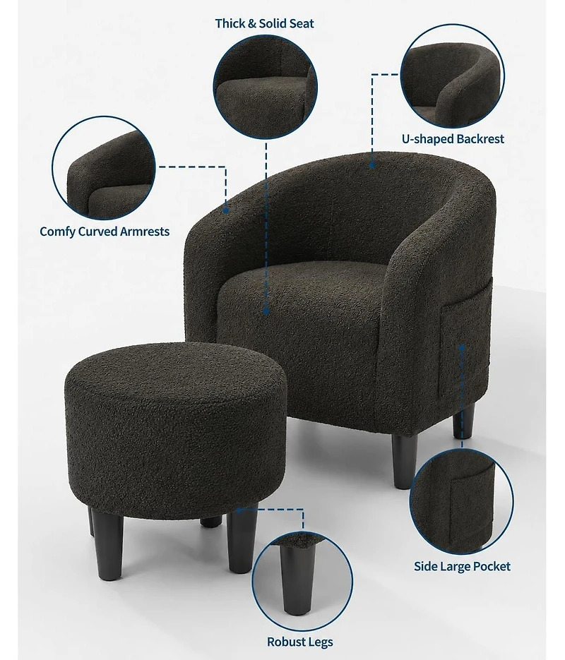 gaomon Boucle Barrel Sofa Chair, Accent Chair with Ottoman for Bedroom, Small Space
