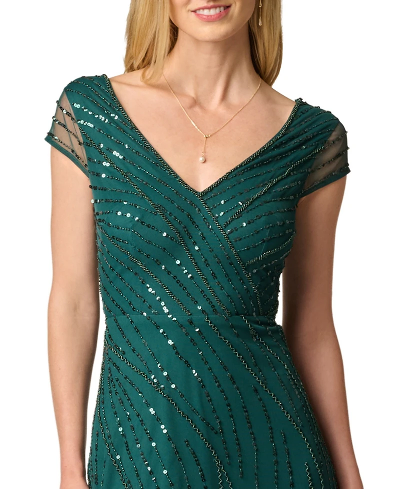 Adrianna Papell Women's Beaded Cap-Sleeve V-Neck Midi Dress