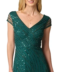 Adrianna Papell Women's Beaded Cap-Sleeve V-Neck Midi Dress