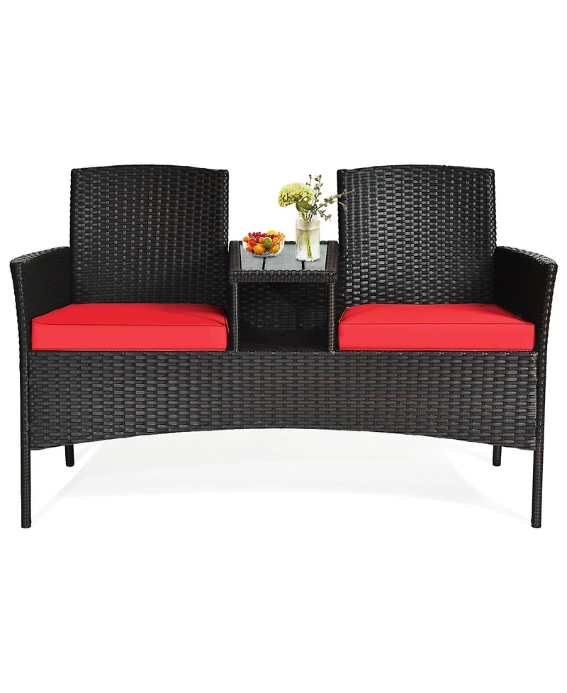 Gymax Patented Rattan Wicker Patio Conversation Set w/ Loveseat Table Cushion
