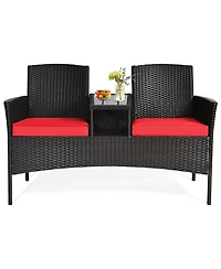 Gymax Patented Rattan Wicker Patio Conversation Set w/ Loveseat Table Cushion