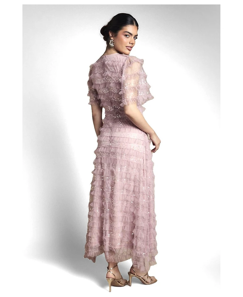 Oasis Women's Sequin Ruffle-Detail Short-Sleeve Maxi Dress