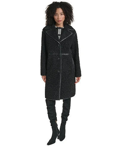 Karl Lagerfeld Paris Women's Faux-Leather-Trim Teddy Coat