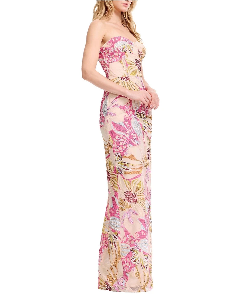 Dress The Population Women's Vada Strapless Sweetheart Floral Sequin Bodycon Gown