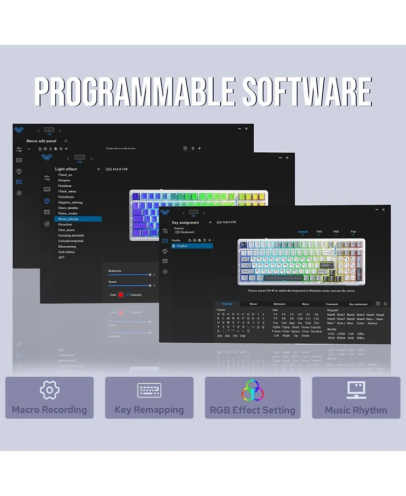 Aula F99 Pro Wireless Mechanical Gaming Keyboard, Tri-Mode Connectivity, Rgb Backlit, Gasket Structure