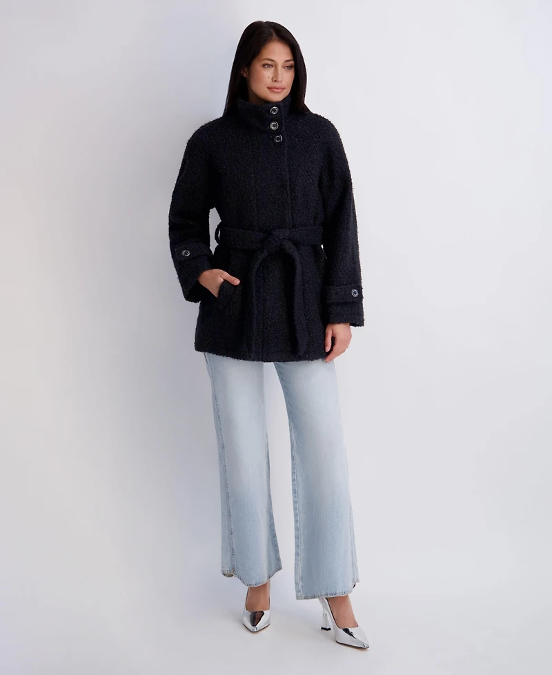 Kensie Women's Belted Faux Boucle Wool Jacket With Stand Collar