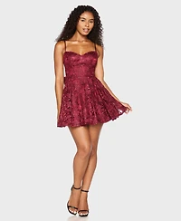 Alex & Sophia Juniors' Sweetheart Neckline Embroidered Lace Sequin Back Bow Dress