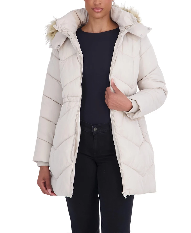 Sebby Collection Women's 3/4 Hooded Faux Fur Trimmed Puffer Coat
