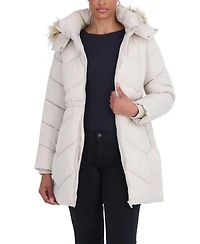 Sebby Collection Women's 3/4 Hooded Faux Fur Trimmed Puffer Coat