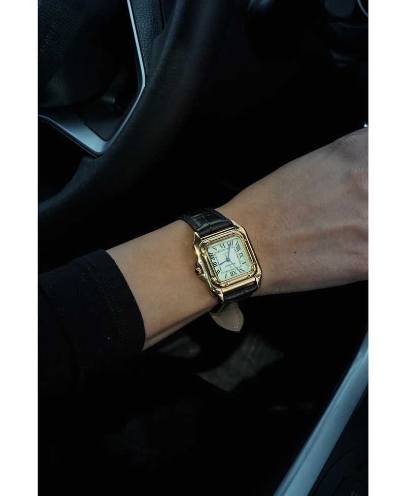 Peugeot Women's 14K Gold-Plated 32mm Tank Shape Black Leather Strap Watch