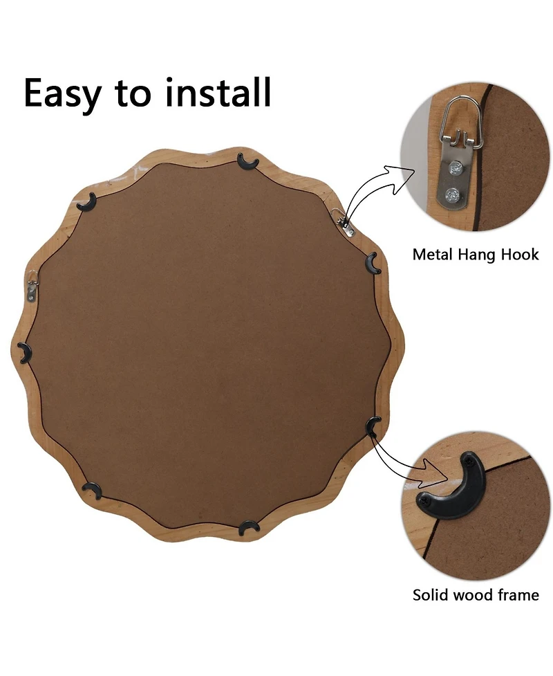 Phying 23.62 Inch Wavy Scalloped Round Wall Mirror Large Decorative Solid Wood Framed Circle Mirror Modern Stylish Hanging Vanity Mirror