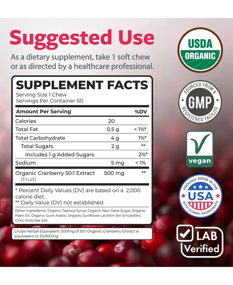 Pure Co Cranberry Soft Chews, 50:1 Cranberry Extract
